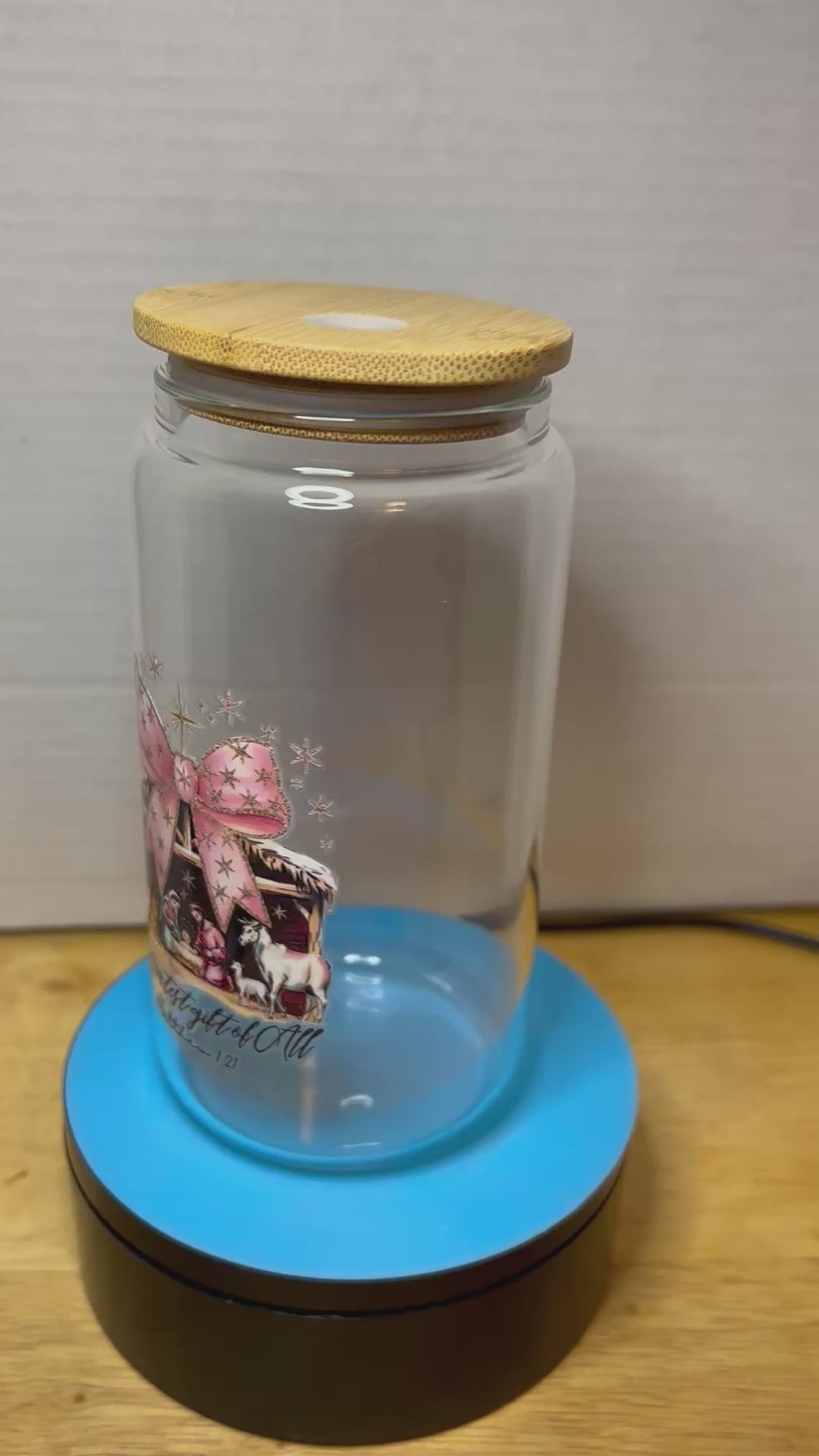 16 oz Glass Tumbler with a bamboo lid featuring a Beautiful Design, comes with metal straw and cleaning brush